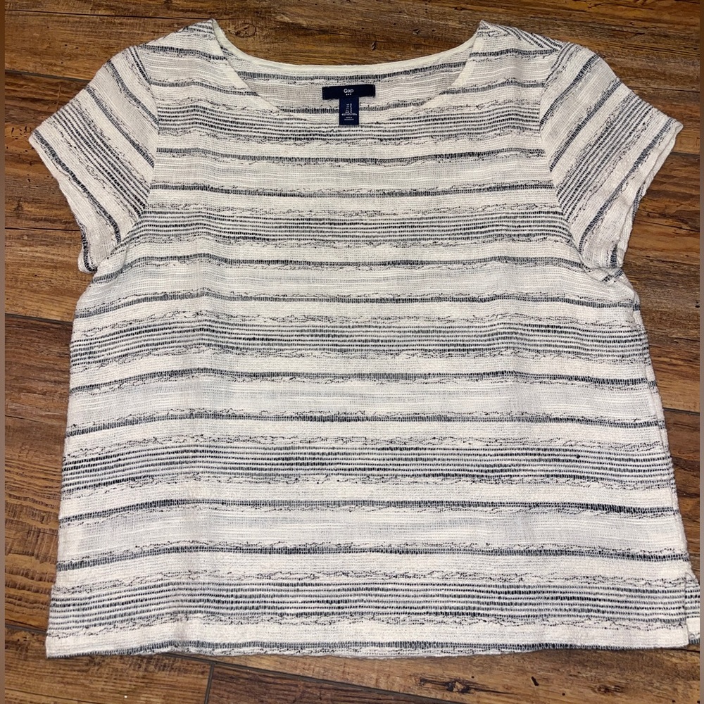 Gray and white striped boucle short sleeve blouse